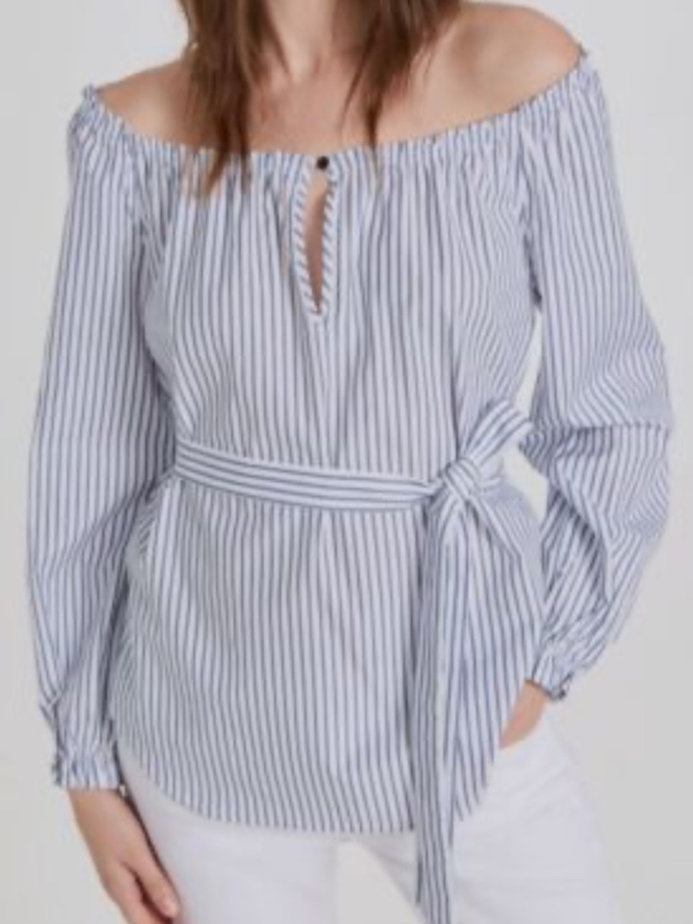 Rag & Bone Blue Stripe Sierra Top Designer Cotton Blouse Off Shoulder Nautical